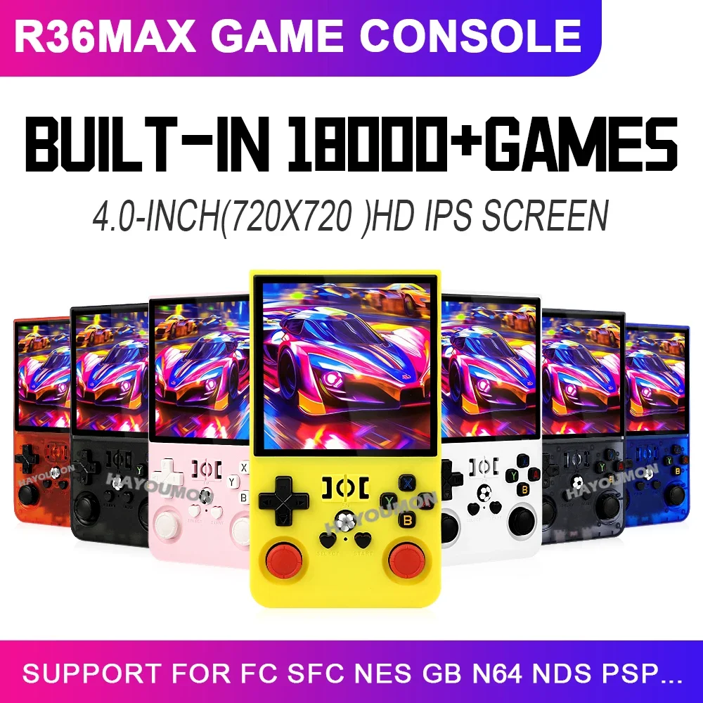 Reproductor de videojuegos Retro amarillo, 64GB, 128GB, R36 Max, pantalla IPS de 4,0 pulgadas, sistema Linux, consola de videojuegos portátil de bolsillo