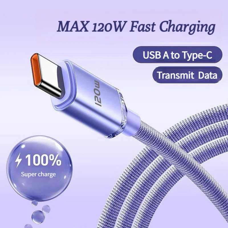 Cable USB tipo C trenzado de nailon 6A, Cable de datos USB C de carga súper rápida de 120W para Xiaomi Redmi Samsung Huawei Honor