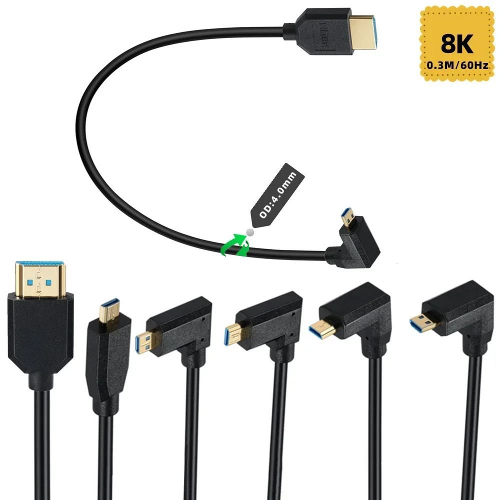 OD4.0mm Slim/Ultra Slim Micro HDMI a HDMI 2.1V 8K@60Hz 4K@120Hz 48Gbps, Compatible con cámara digital, videocámara, tableta