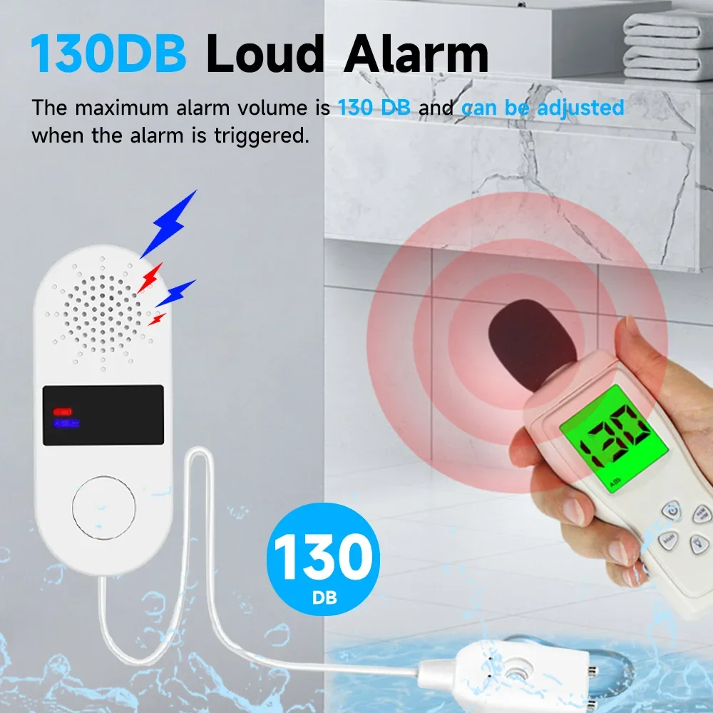Tuya-Sensor de agua 2,4GWiFi, Detector de fugas de agua, alarma de luz y sonido, Control por aplicación Smart Life de 130DB, funciona con automatización del hogar Alexa - imagen 5