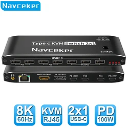 Conmutador KVM Navceker Thunderbolt 4 USB-C 8K 100W PD 2 PC a 1 Monitor