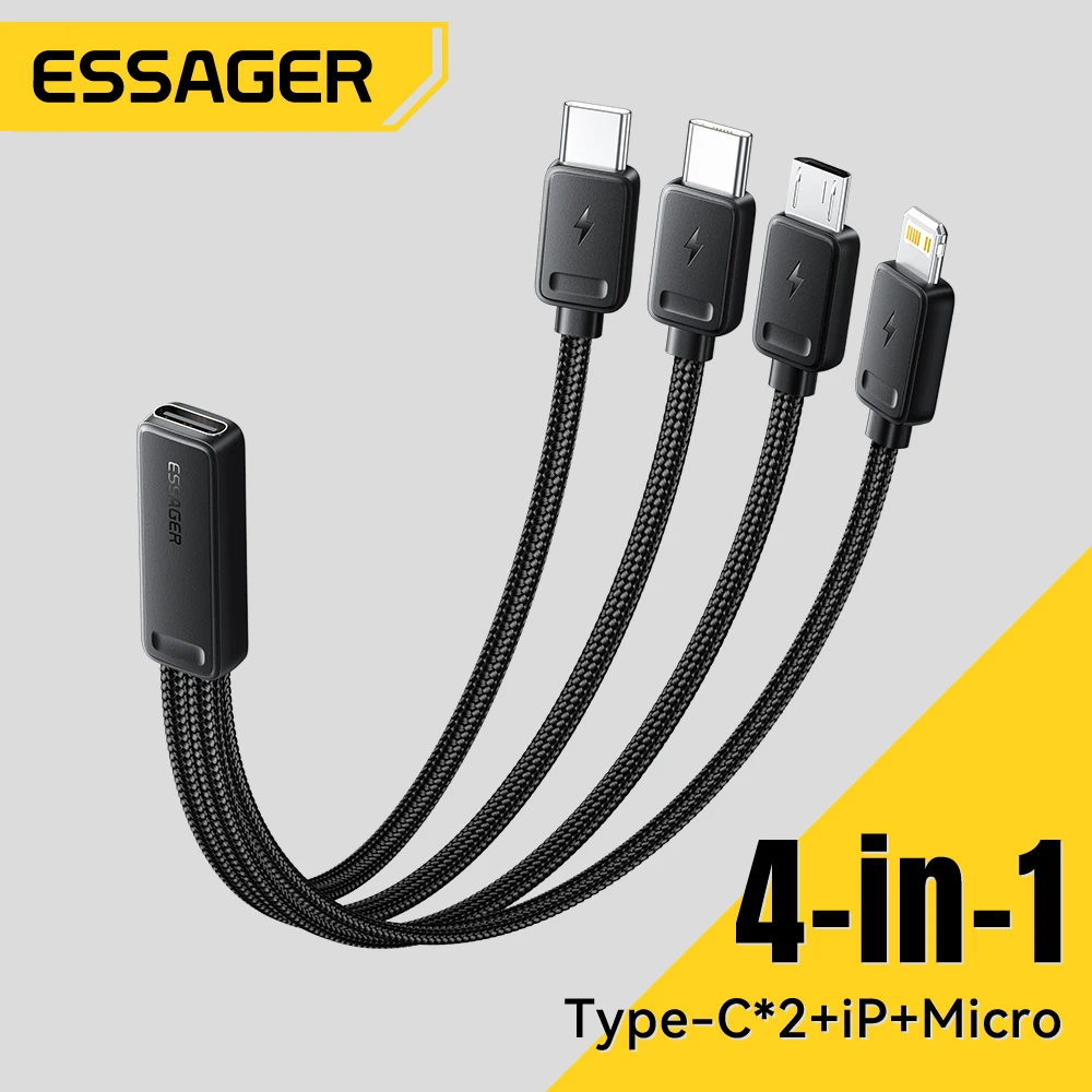 Essager Cable de carga rápida portátil 4 en 1 para viajes tipo C hembra a cable multi USB con 2 adaptadores tipo C, Micro, Lightning