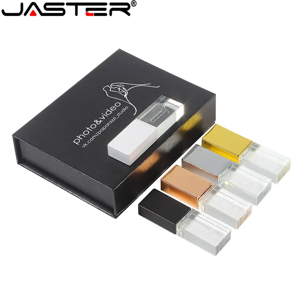 JASTER nueva unidad Flash USB 2,0 cristal negro dorado con caja de regalo negra 64GB 32GB 16GB logotipo personalizado gratis regalo de fotografía de boda - imagen 4