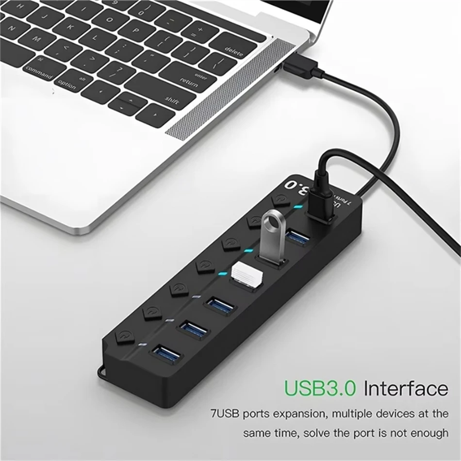 Hub USB 3,0 de 4/7 puertos con indicador LED, Control de interruptor independiente para PC, portátil, unidad Flash, disco duro, impresora, teclado de cámara - imagen 4