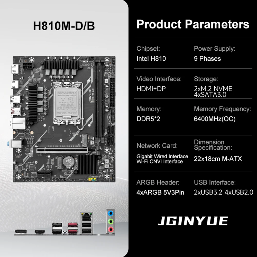 Placa base JGINYUE H810 Intel LGA1851 DDR5 de doble canal compatible con procesadores serie 225F/230F/245K/245KF Core Ultra 200 - imagen 2