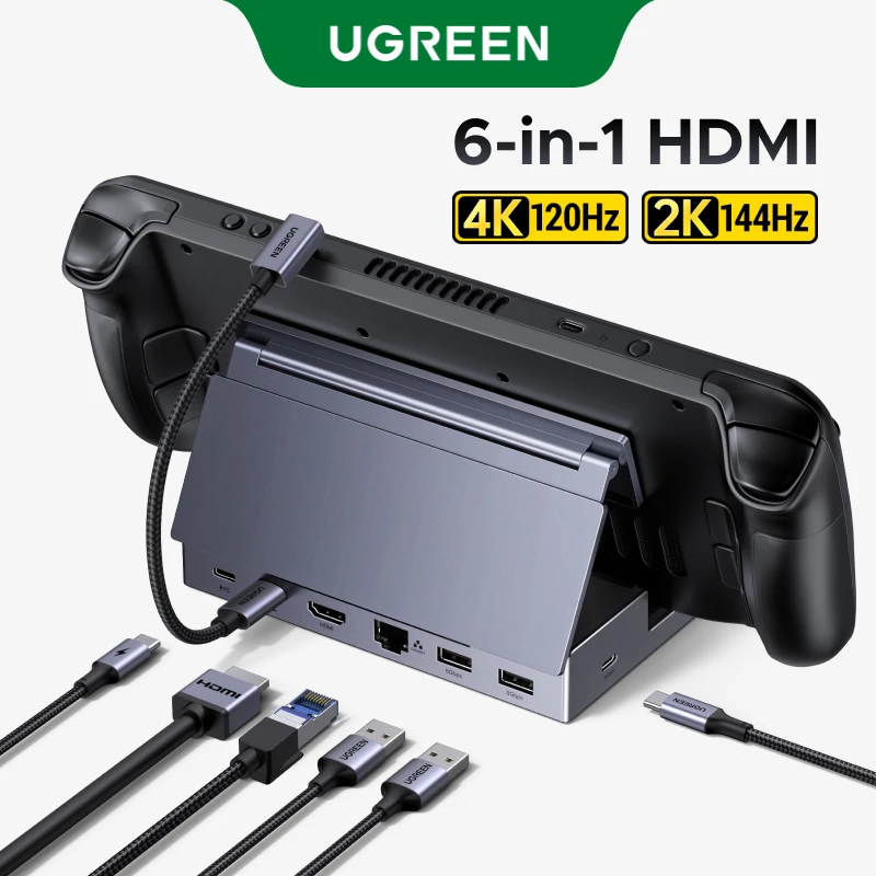 UGREEN USB C HUB Steam Deck Docking Station 6-in-1 Type-C to 4K120Hz HDMI 5Gbps USB-A/C PD100W 1000Mbps RJ45 for ROG Ally Legion
