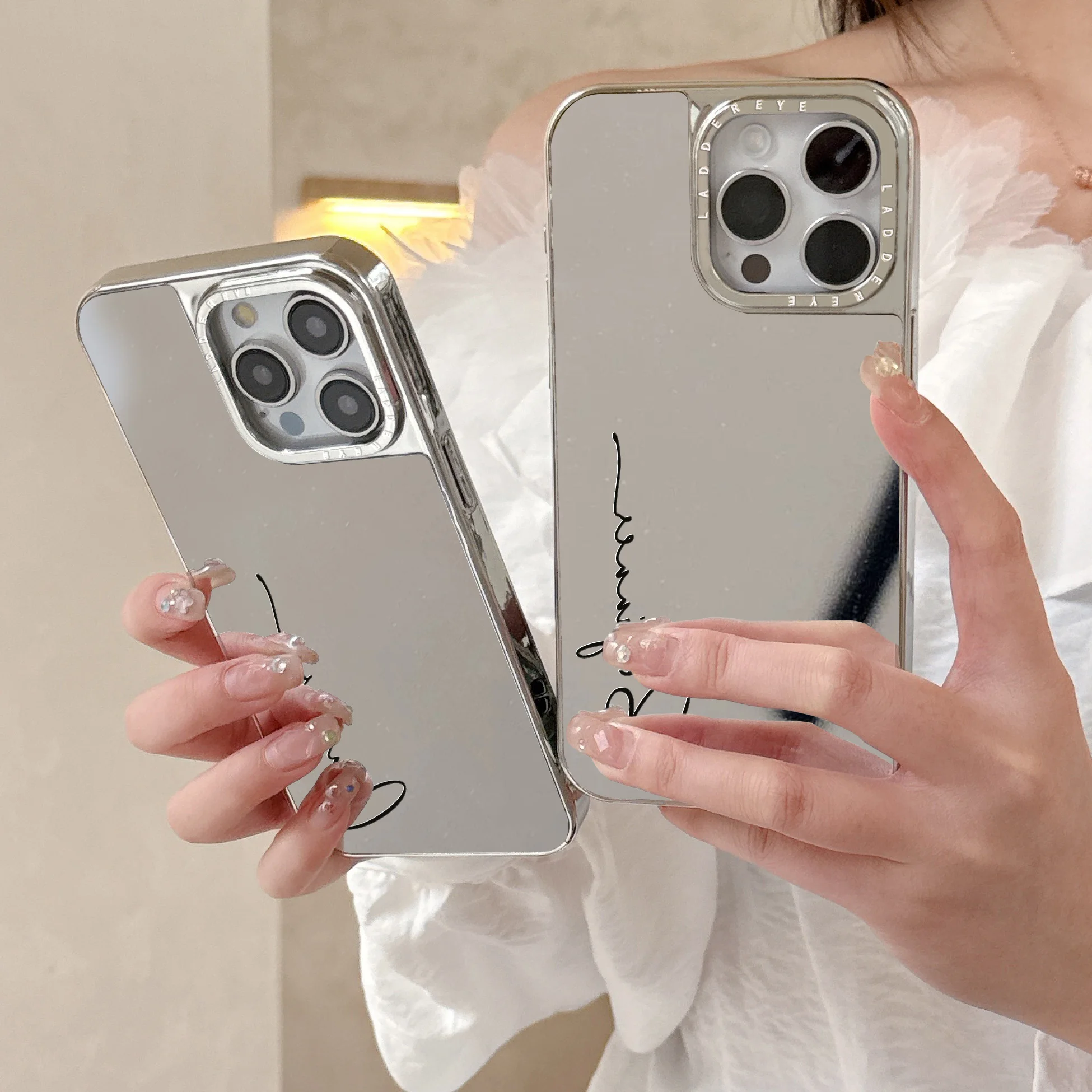 Funda personalizada con nombre de iniciales para iPhone 17, 16, 15, 14, 13, 12, 11 Pro Max Plus, funda con patrón de espejo de maquillaje chapado de lujo - imagen 5