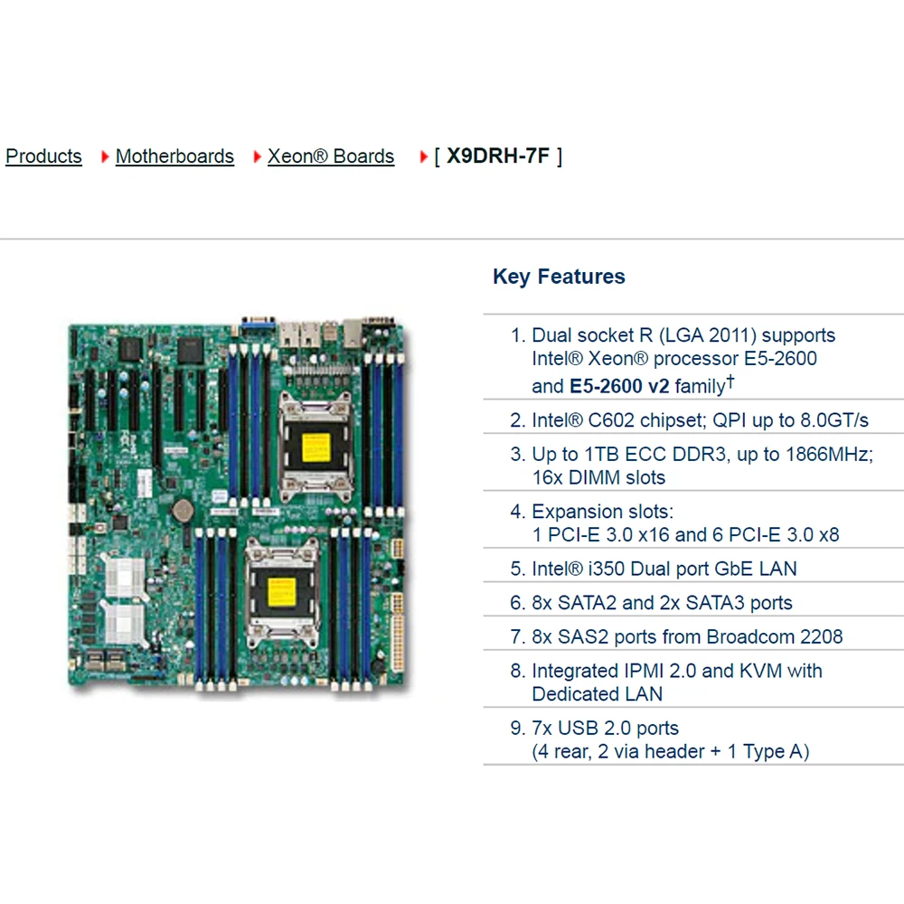 Placa base E-ATX de servidor bidireccional X9DRH-7F LGA 2011 Intel C602 DDR3 Xeon E5-2600 y E5-2600 v2 familia mensajero PCI-E 3,0 - imagen 4