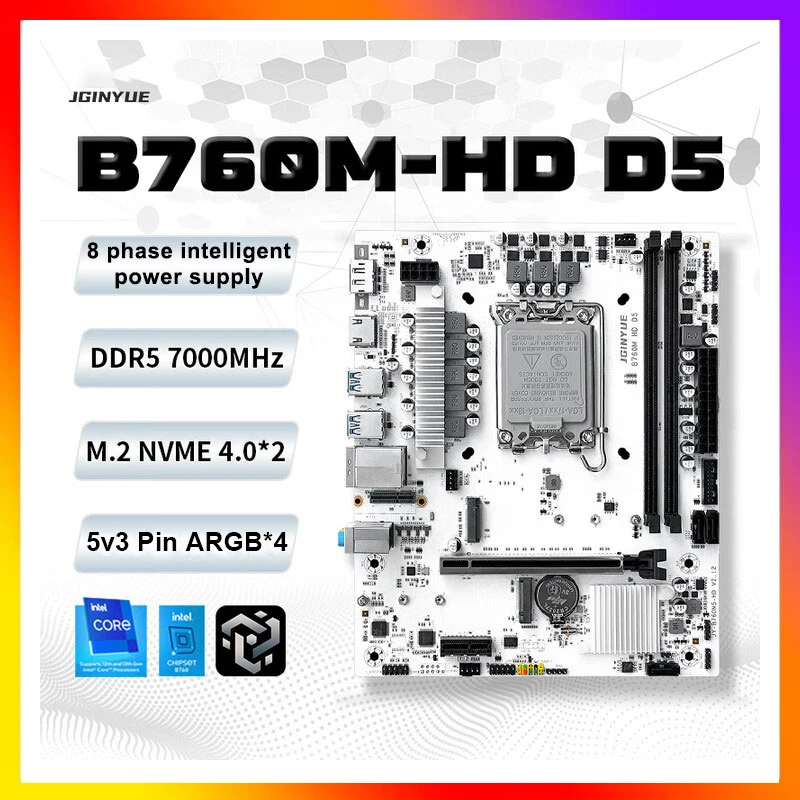 Placa base JGINYUE B760M-HD D5 compatible con DDR4/DDR5 de 1700 pines 12a/13a/14a generación Core i3i5i7i9 2 * DDR5 2 M.2 NVME 3 SATA3.0