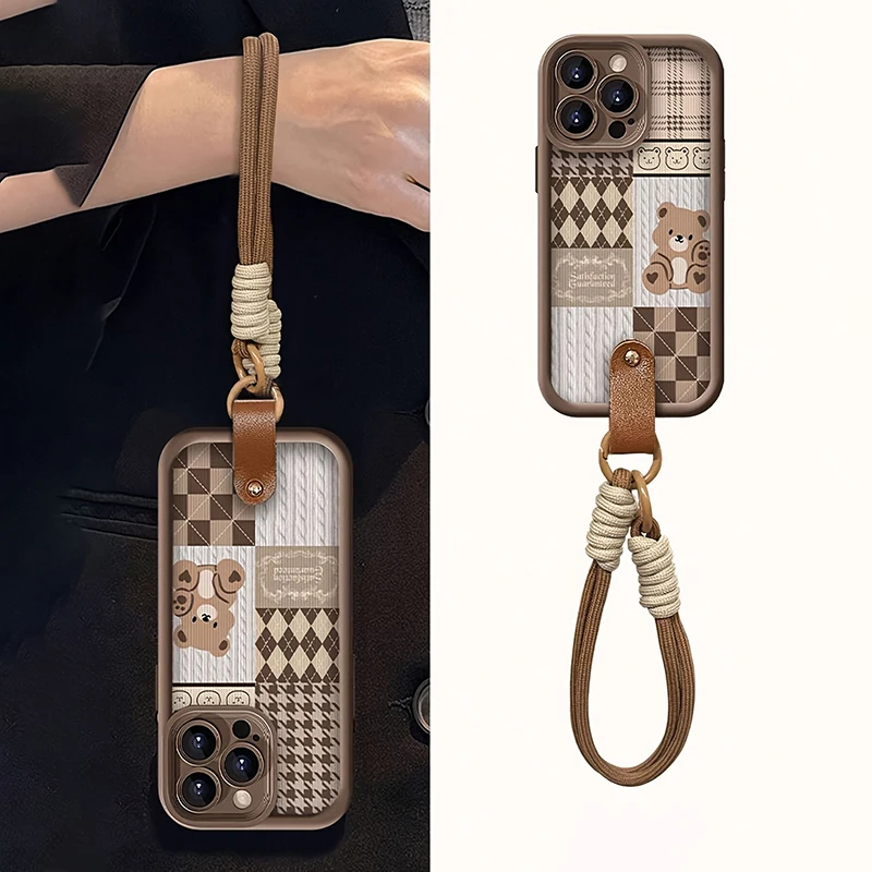 Funda de teléfono con correa colgante de oso con patrón de rejilla para iPhone 17 16 15 14 Pro Max 13 12 11 Pro 16E XS X XR 7 Plus SE, funda suave a prueba de golpes - imagen 4