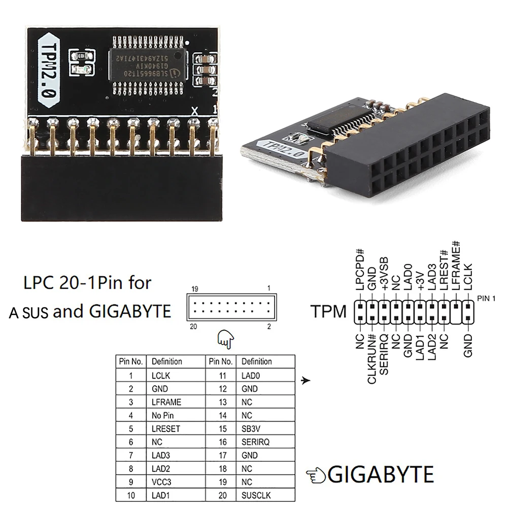 Módulo de seguridad de cifrado TPM 2,0, tarjeta de placa base de 20 pines, módulo de pieza de repuesto, placa base de 20-1 pines para plataforma Gigabyte - imagen 5