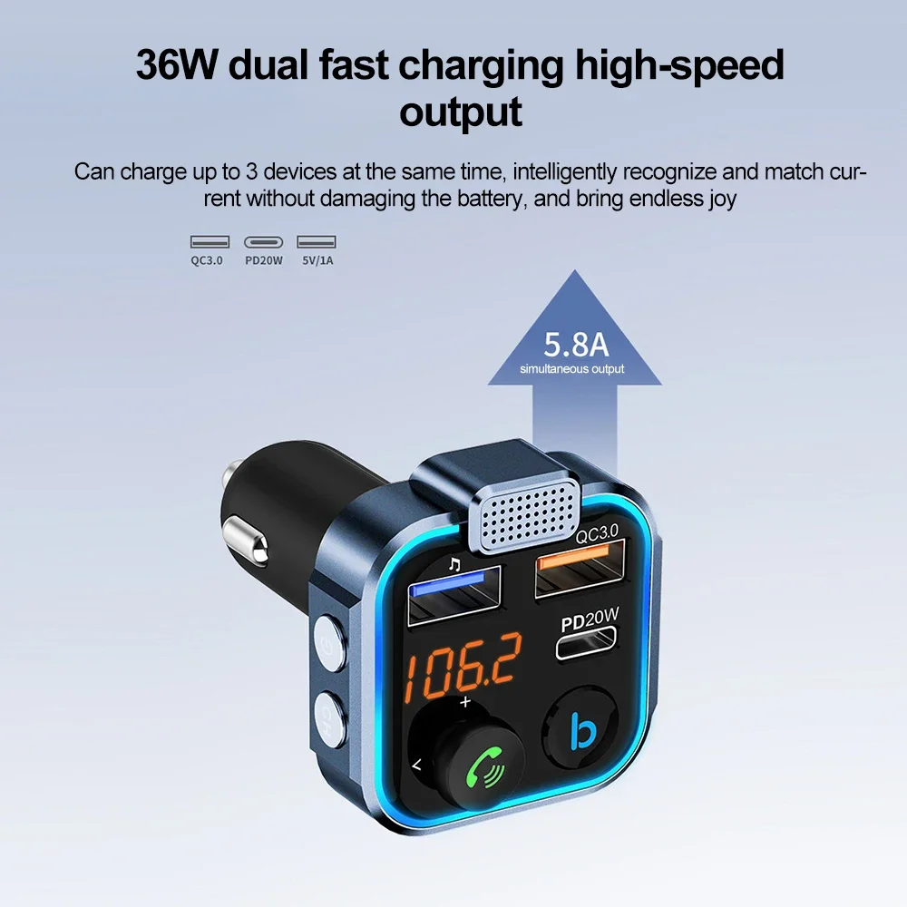 Transmisor FM para coche Bluetooth 5,0, reproductor modulador MP3, Kit manos libres para coche PD 20W QC 3,0, adaptador de cargador rápido, receptor de Audio - imagen 2