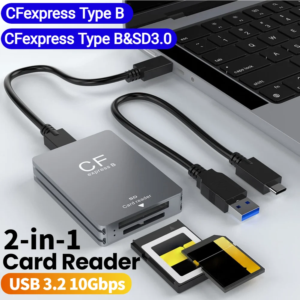 Lector de tarjetas CFexpress tipo B y SD 2 en 1, adaptador de tarjetas CFexpress USB 3,2, 10Gbps, ranura Dual, compatible con Android/Windows/OS para SLR