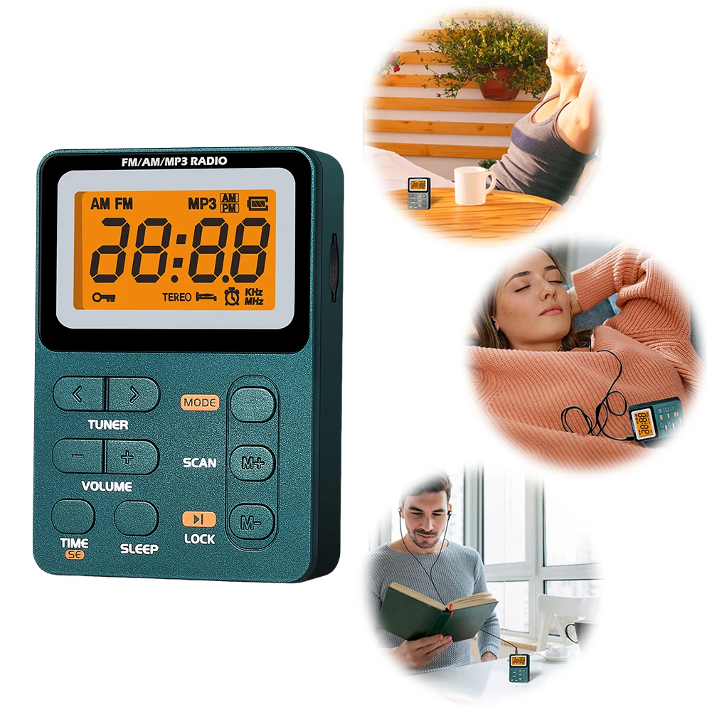 Radio portátil AM FM, Radio de bolsillo recargable con auricular estéreo MP3, Radio Transistor con pantalla LCD para correr/gimnasio/Camping