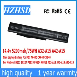 14,4 V 5200mAh 75Wh A32-A15 A42-A15 nueva batería del ordenador portátil para MSI A6400 CR640 CX640 para Medion E6221 E6227 P6815 P6634 X6815