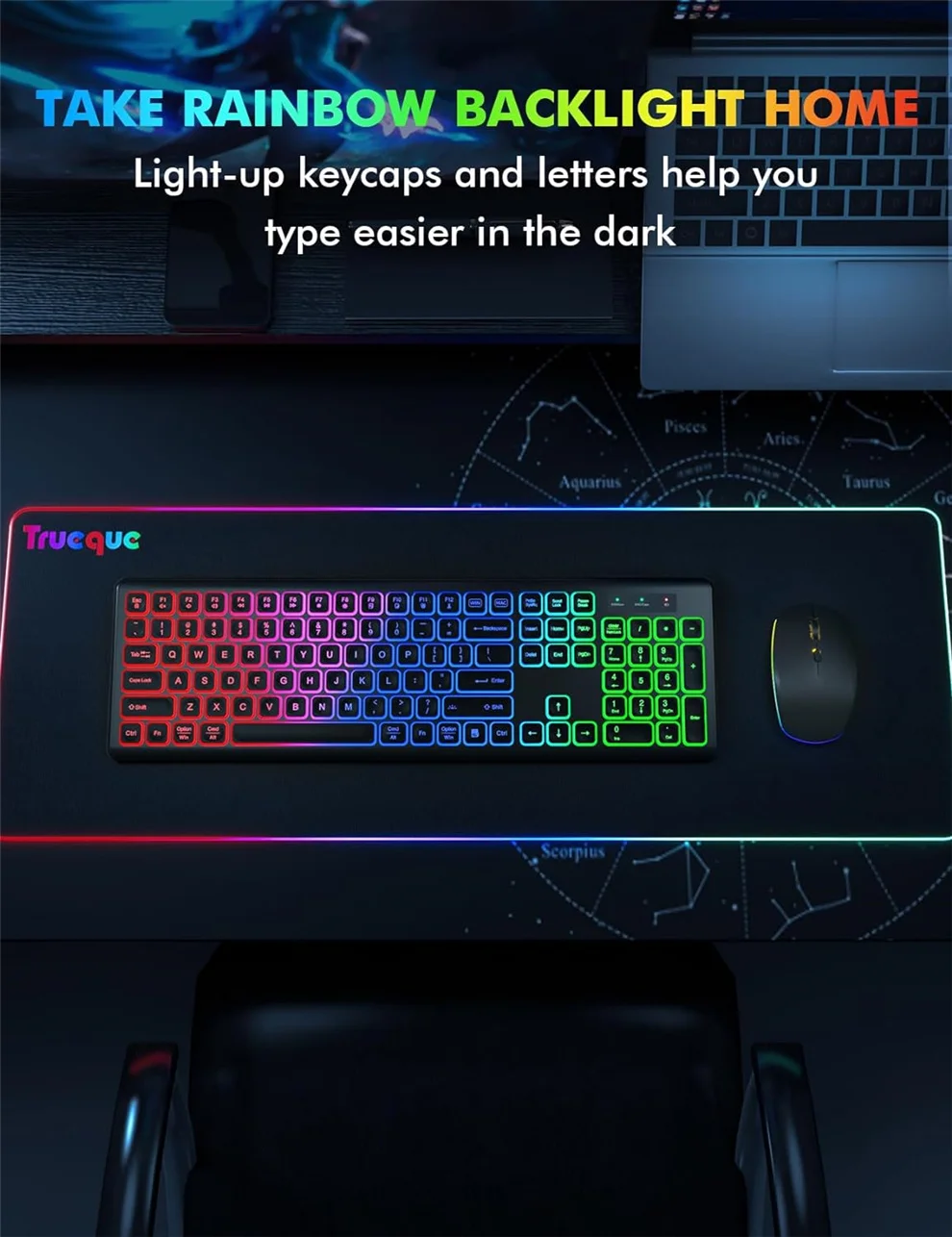 Jomaa-Juego de teclado y ratón inalámbricos de tamaño completo, retroiluminado RGB, para ordenador, portátil, luz LED, teclado recargable, peine para ratón - imagen 2