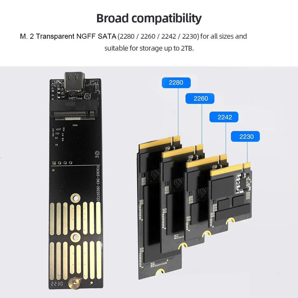 Caja de disco duro M.2 NGFF SATA tipo C, USB 3,1, carcasa externa transparente SSD, adaptador de caja de disco duro de 10gbps para 2230, 2242, 2260, 2280 - imagen 2