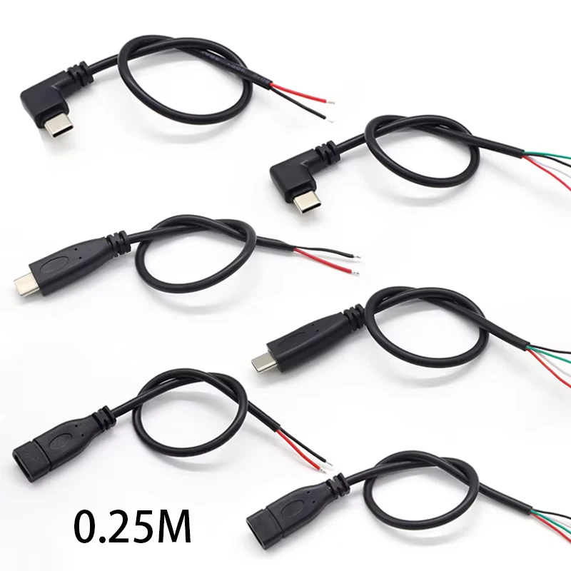 Conector USB tipo C macho hembra, conector de cargador de fuente de alimentación, 2 pines, 4 pines, USB-C, Cable de reparación DIY, Cable tipo soldadura, 0,25 M, 1M, 2M - imagen 2