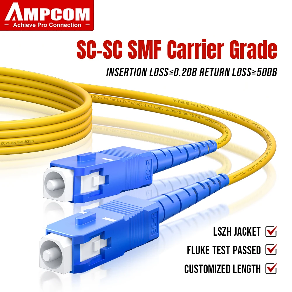 AMPCOM SC a SC UPC Cable de conexión de fibra óptica monomodo Simplex SMF 9/125μm OFNR LZSH puente de fibra óptica insensible curvado - imagen 2