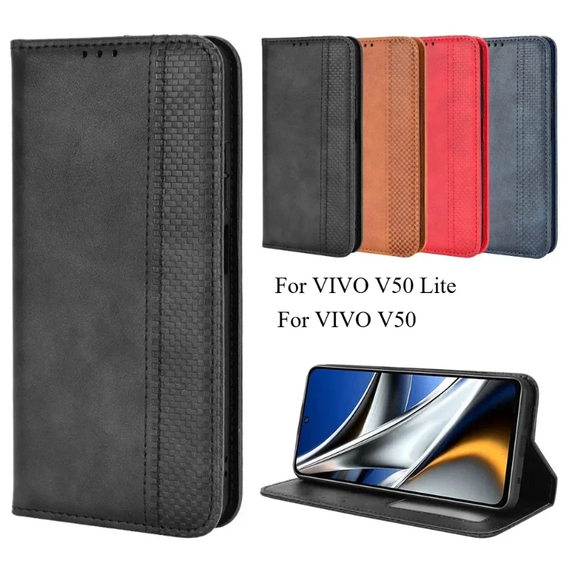 Para VIVO V50 Lite Retro funda de teléfono con tapa de cuero magnético para Vivo V50lite V50 5G V 50 funda tipo billetera tarjeta Solt soporte funda suave