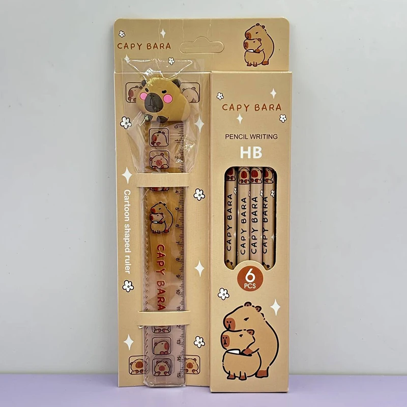 1 Juego de lápices de madera con regla de dibujos animados de capibara Kawaii HB, papelería bonita para estudiantes, suministros de oficina, regalos para el Día de los niños