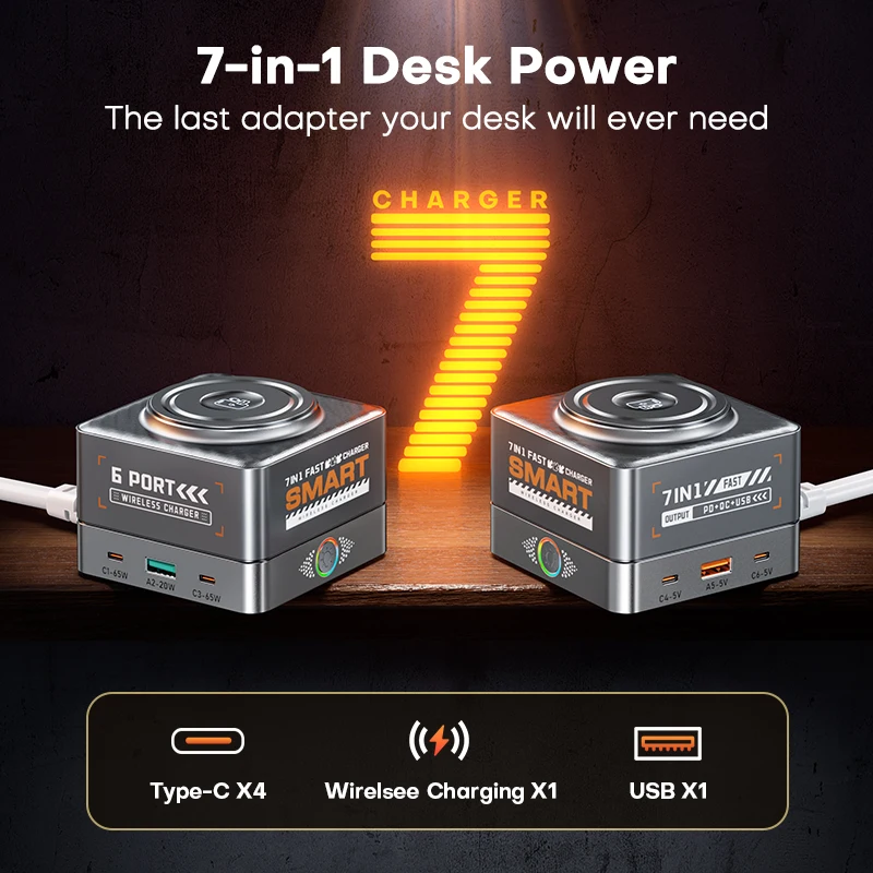 Estación de carga QOOVI 65W GaN escritorio 7 en 1 carga rápida PD3.0 PPS 15W carga inalámbrica para iPhone iWatch portátil iPad Samsung - imagen 2