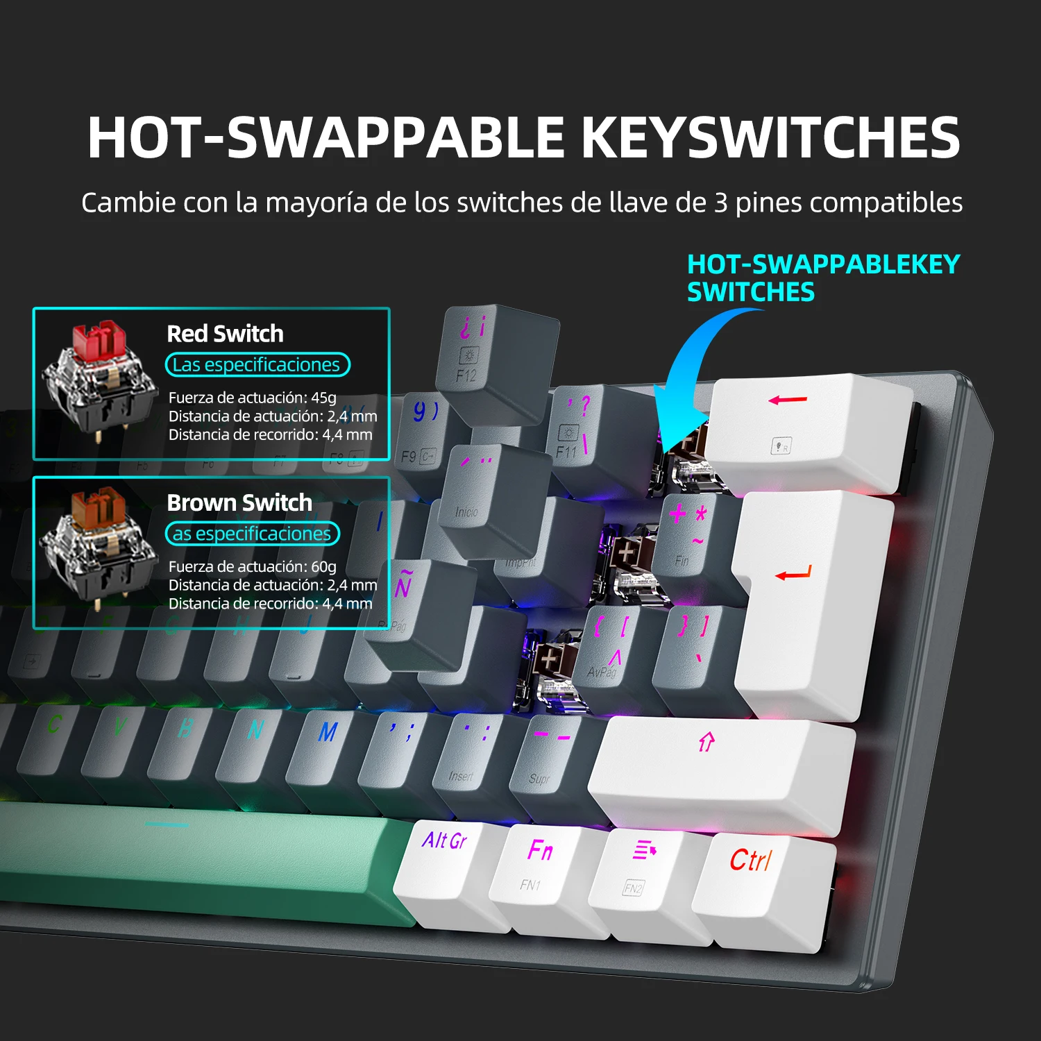 Teclado Mecánico Gamer MACHENIKE K500 60% Tri-Modal Inalámbrico Hot-Swap, Layout Latinoamericano para PC - imagen 4