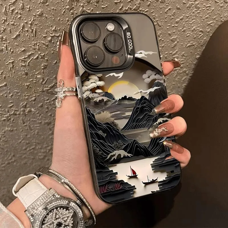 Funda con paisaje chino para iPhone 16 15 14 13 12 11 Pro Max XR 7 8 Plus, carcasa protectora de pantalla a prueba de golpes