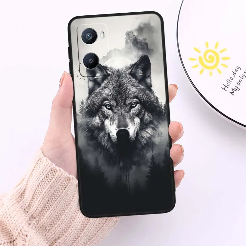 Funda con patrón de arte de lobo para OPPO Reno 12 11 F 10 8 7 6 5 4 Z T Lite Plus Pro 4G 5G funda de teléfono negra - imagen 4
