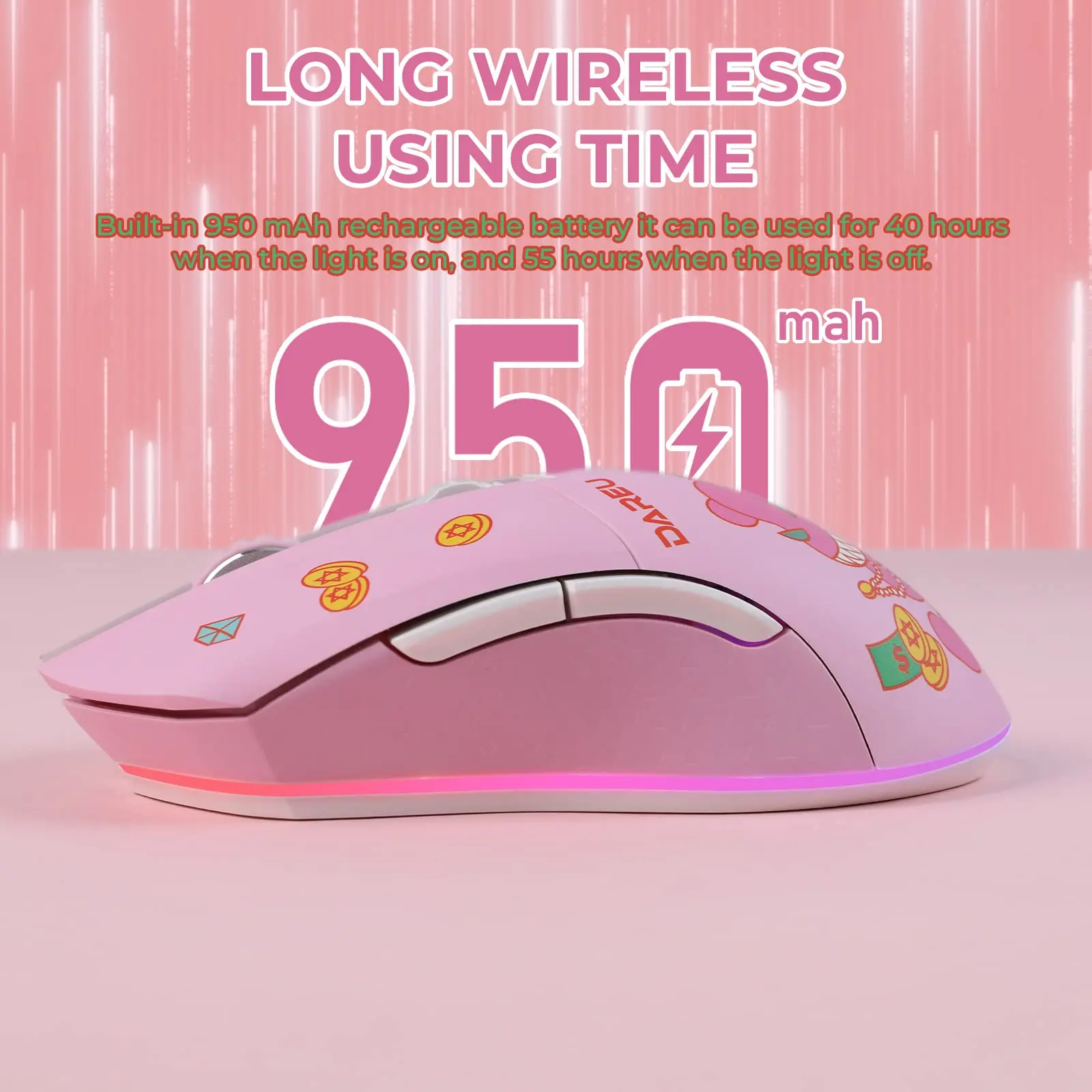 DAREU-ratón para Gamer de modos duales, inalámbrico, con cable, RGB, 2,4G, batería de recarga integrada de 930mAh para PC y portátil - imagen 4