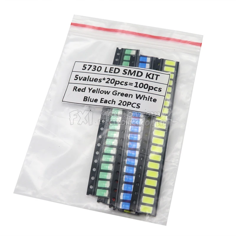 100 Uds = 5 colores x 20 piezas SMD 5730 5630 surtido de diodos LED igmopnrq KIT Kit de diodos LED verde/rojo/blanco/azul/amarillo