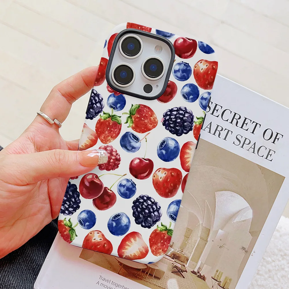 Funda de teléfono con diseño de fresa y cereza para iPhone 16, 15, 14, 13, 12, 11 Pro Max Plus, funda trasera magnética de lujo de doble capa - imagen 3