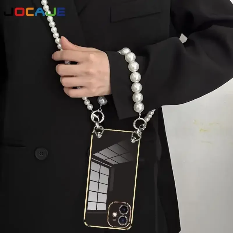 Funda de silicona chapada para Huawei Honor Magic 5 Pro 7 6 Lite 7 Pro pulsera de cadena de perlas cordón cruzado funda protectora de lente - imagen 5