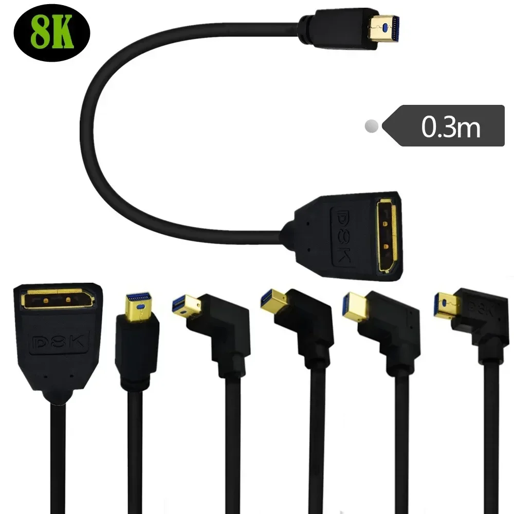 Cable de extensión Mini Displayport a DP hembra, 8K @ 60Hz, en ángulo recto, macho a hembra DP, con Panel de tornillo de montaje, 0,3 m