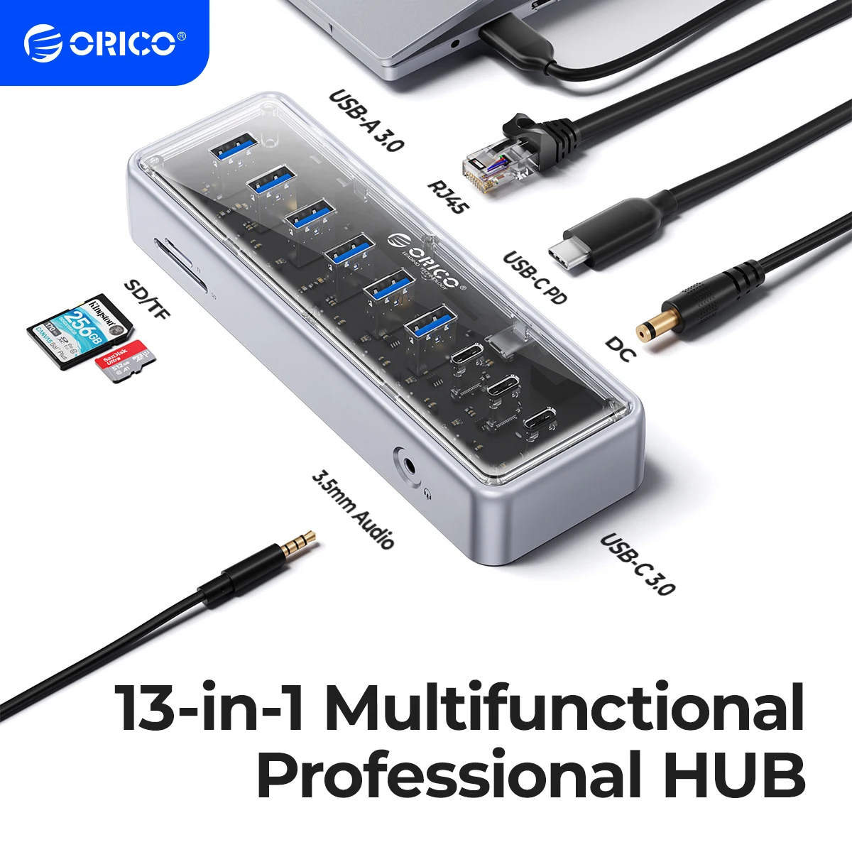 ORICO OMA Metálico USB 3.2 Gen 2 Hub 5 Gbps Alta Velocidad Expansión de 7 Puertos para MacBook Mac Mini - Base de Unidad Externa de aleación de Aluminio