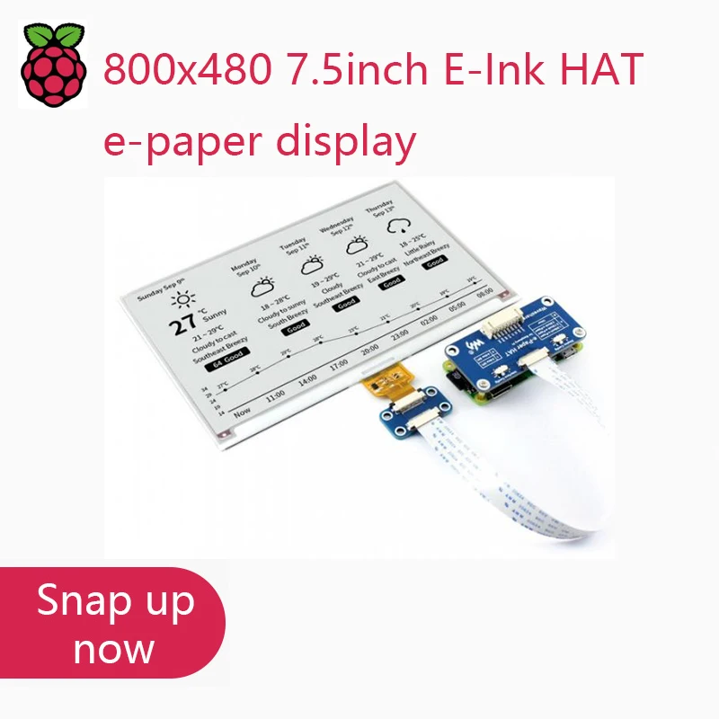 Waveshare 800x480 7,5 pulgadas E-Ink HAT pantalla de papel electrónico compatible con Raspberry Pi STM32 dos colores consumo de energía ultrabajo
