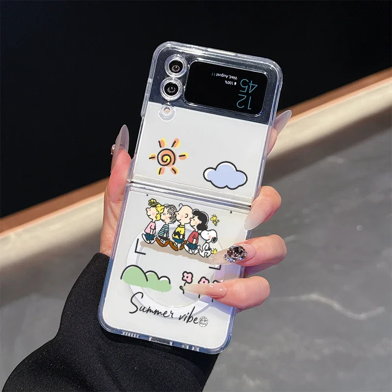 Lindo dibujos animados Snoopy para Magsafe funda con soporte magnético para Samsung Galaxy Z Flip 7 6 5 3 4 cubierta de carga inalámbrica carcasa encantadora