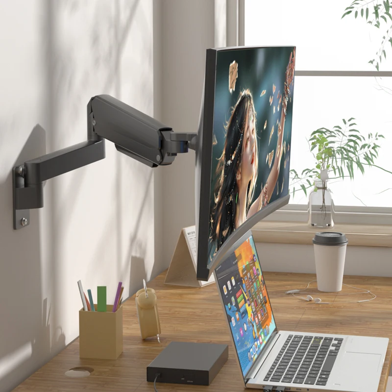 Soporte de pared para monitor ultraancho HILLPORT para pantallas de 32-60 pulgadas, brazo de monitor con soporte de TV individual resistente con resorte de gas de hasta 20 kg W9 - imagen 5