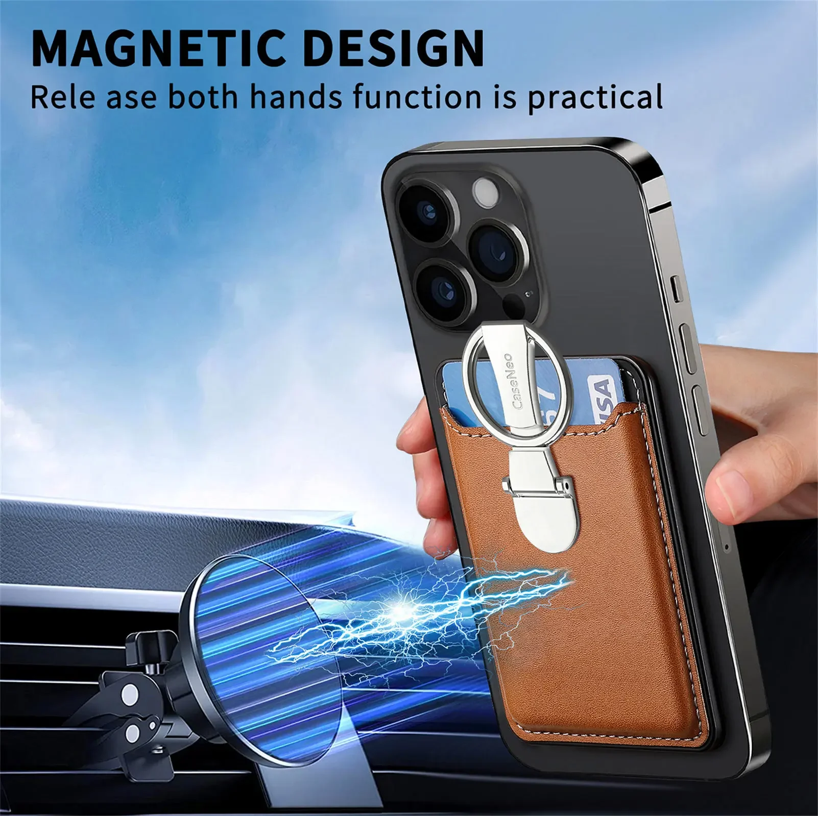 Bolsa magnética para tarjetas de atracción fuerte para iPhone 15 Pro Max 14 13 12, billetera con ranuras para tarjetas, soporte de anillo plegable, bolsa de soporte para Magsafe - imagen 5