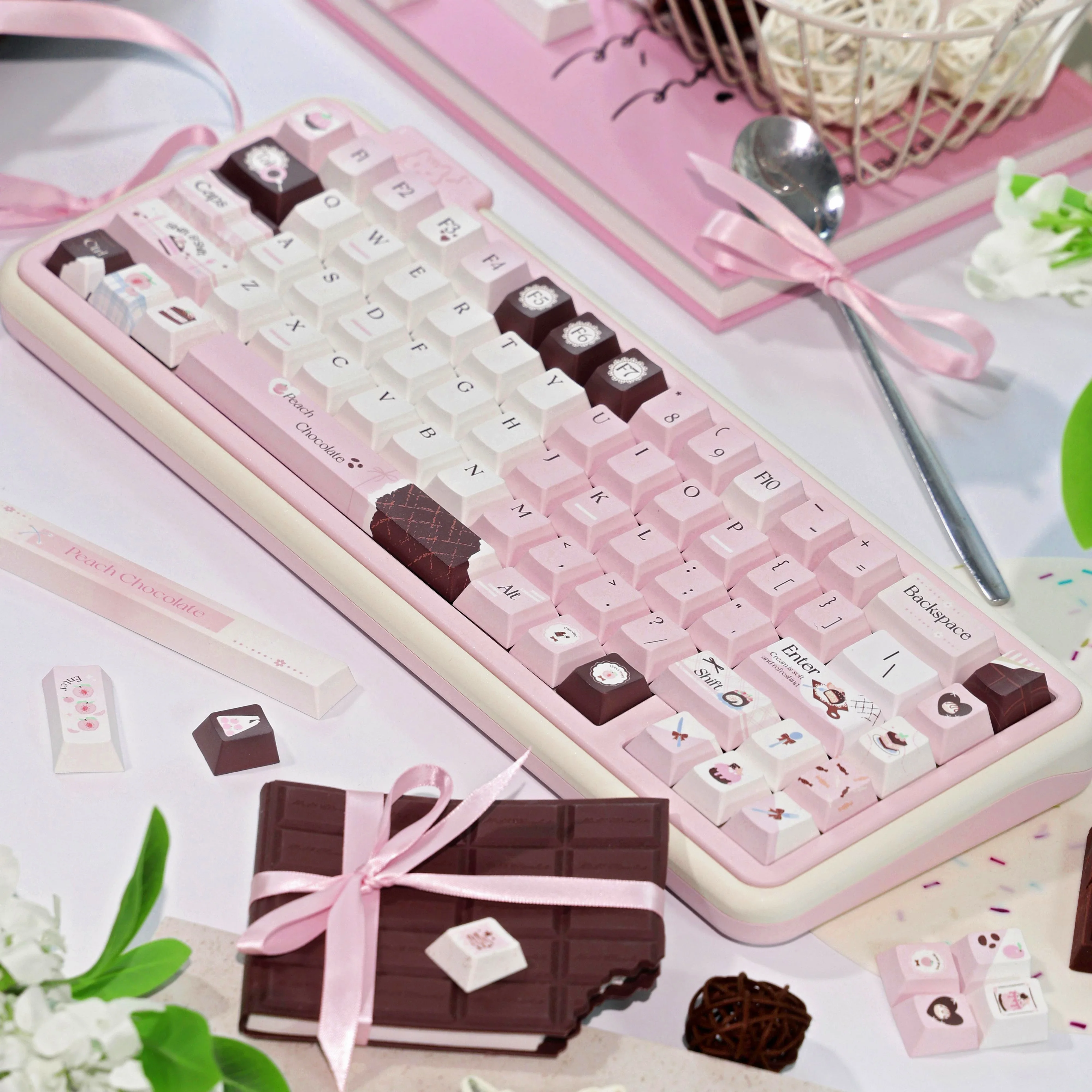 Juego de teclas con tema de Chocolate rosa, tapas de teclado de sublimación PBT, teclas personalizadas con perfil de cereza FOA para teclado mecánico - imagen 4