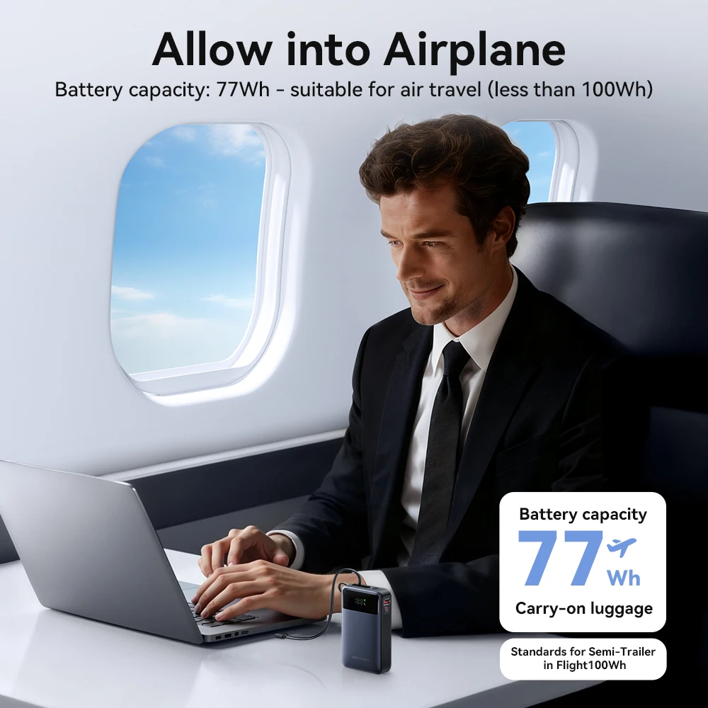 Banco de Energía Vention de 65W y 20000mAh con Cable USB-C Integrado, Cargador Portátil Rápido PD para Laptop, iPhone 17, Samsung S25, S24 - imagen 3