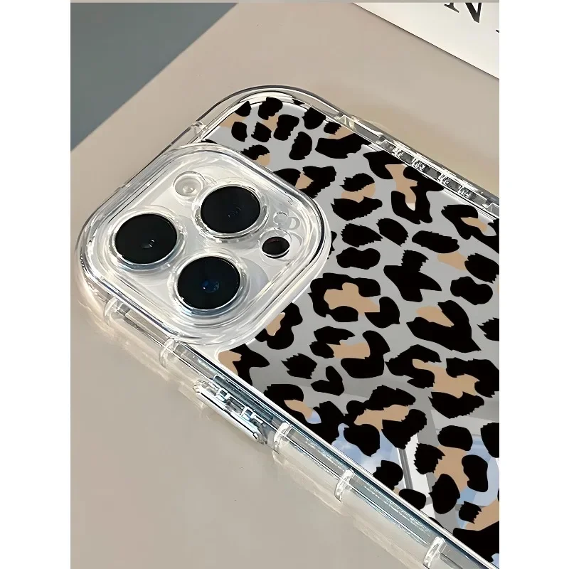 Funda de teléfono con espejo y estampado de leopardo clásico ins para iPhone AIR 11 12 13 14 15 16 17Pro Max Plus anillo de lente anticaída - imagen 3