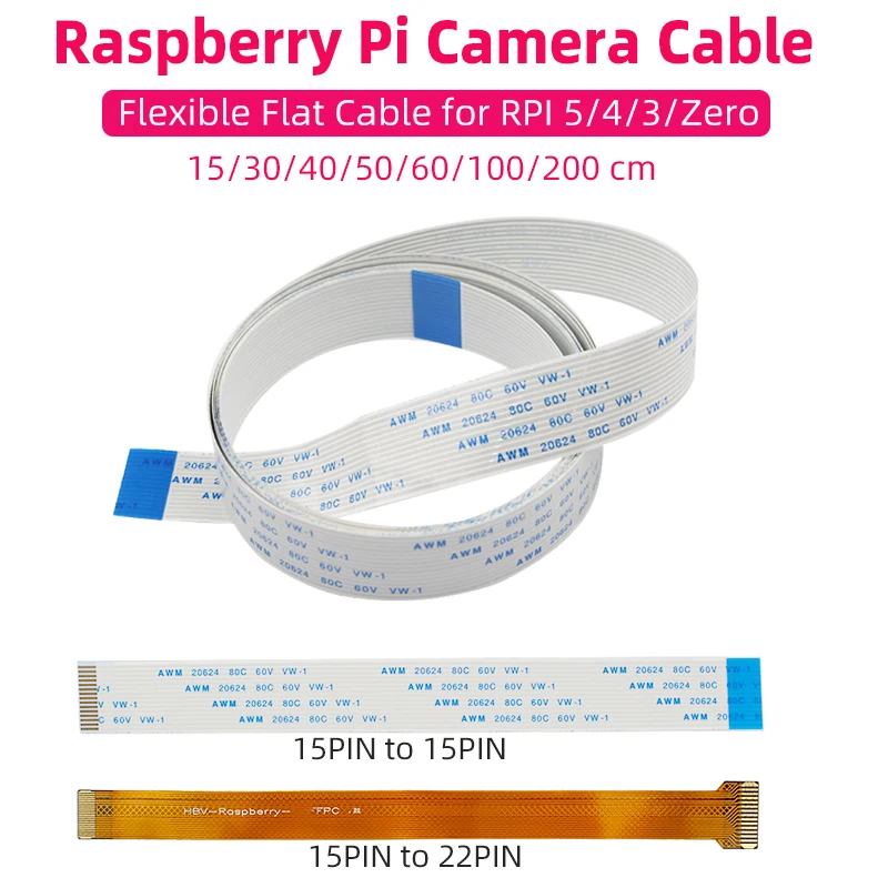 Cable de cámara Raspberry Pi CSI 15 30 50 100 200 CM Cable plano Flexible Cable de cinta de 15 pines para RPI 5 4B 3B + 3B Zero