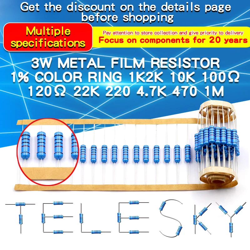 20 piezas resistencia de película metálica de 3W 1% 1Ω - 1MΩ 10 47 100 120 150 220 300 330 470 910 1K 2,2K 4,7K 10K 15K 20K 47K 100K 220K 470K ohm