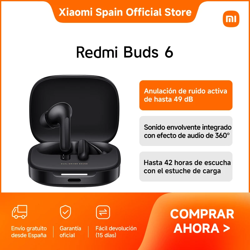 Official | Redmi Buds 6, Anulación de ruido activa de hasta 49 dB, Sonido envolvente integrado con efecto de audio de 360°, Hasta 42 horas de escucha con el estuche de carga*