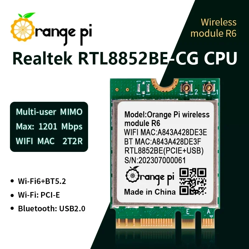 Módulo WiFi Orange Pi R6 para placa OPi 5 Plus 2,4G/5G Wi-Fi6 de doble banda + BT5.2 con módulo inalámbrico de interfaz de llave electrónica PCIE M.2