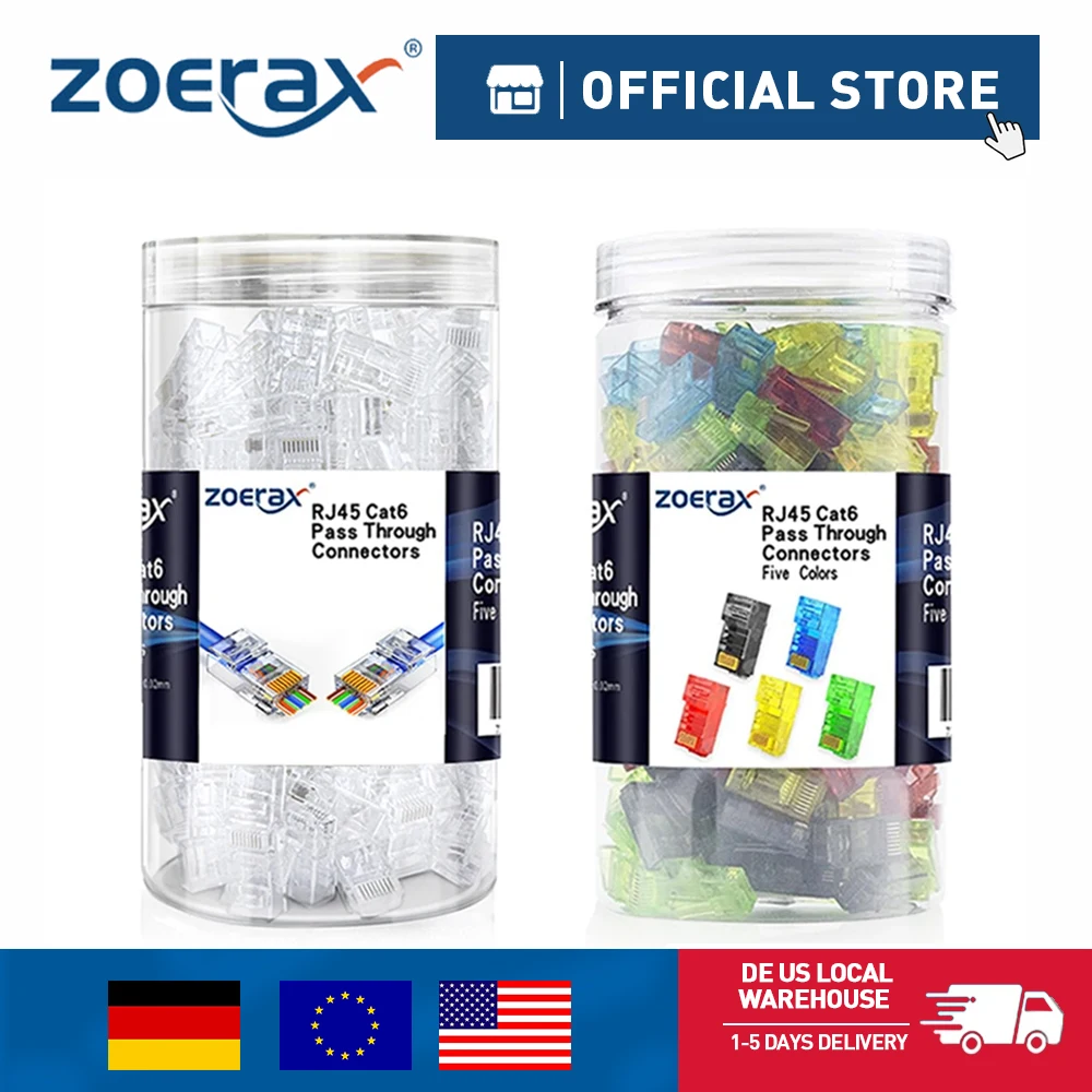 ZoeRax Paquete de 200 conectores de paso RJ45 Cat6 Cat5e, enchufes modulares RJ45 de colores surtidos para cable UTP sólido o trenzado