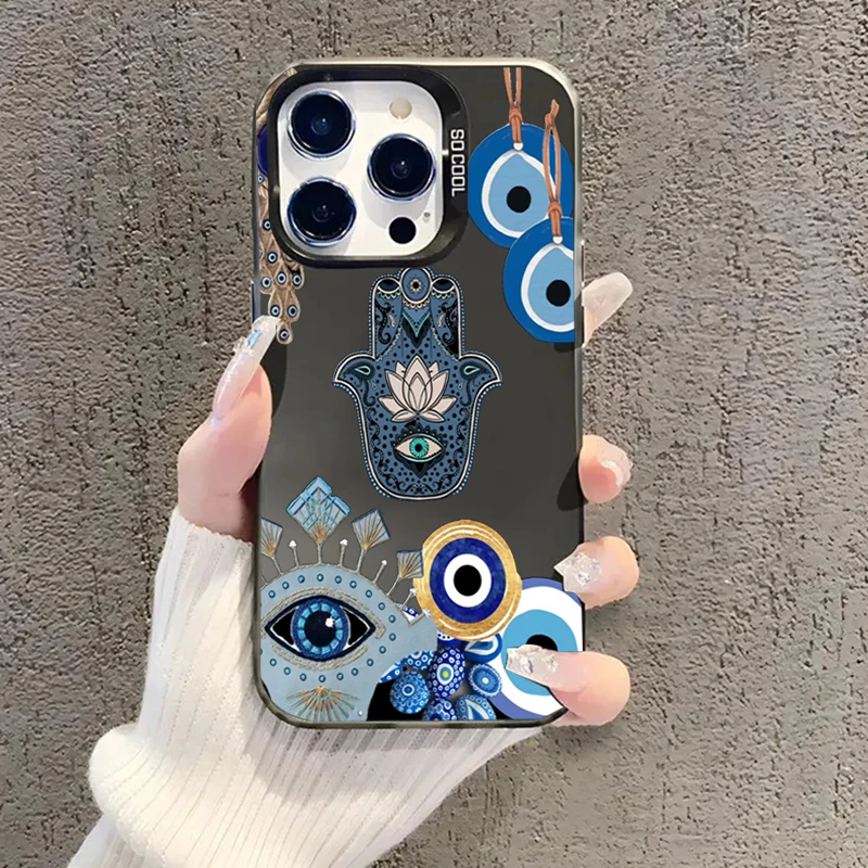 Funda de teléfono IMD plateada galvanizada con grafiti de ojo de palma negro para iPhone 11 12 13 14 15 16 Pro Max 16E 7 8 Plus X XS XR SE - imagen 3