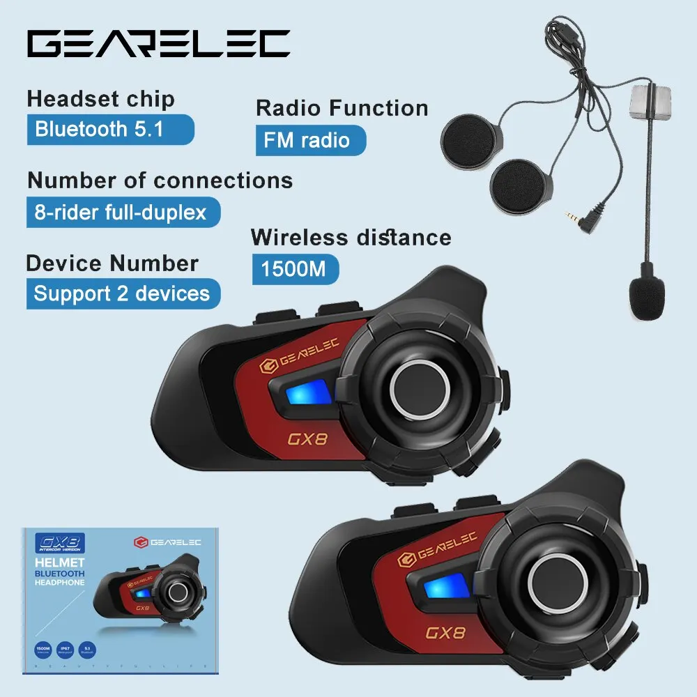 Auriculares intercomunicadores de 1500m con Bluetooth para motocicleta GX8 GEARELEC