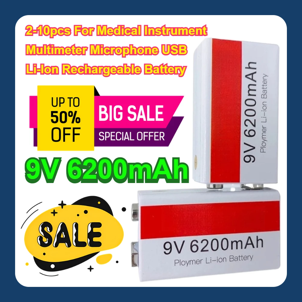 9V 2-10 Uds 6200mAh para instrumento médico multímetro micrófono USB Li-Ion batería recargable